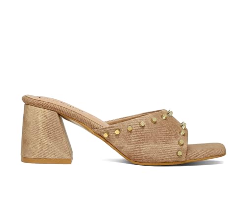 LOUIS STITCH Women’s Fashion Slip-On Block Heel Sandals | Open Toe Beige Stylish Mules Heel Sandal for Ladies, Fashionable and Comfortable Sandal (LSOF-LDBH-MUBD) (UK-6)