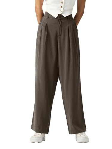 The Souled Store Pleated Trousers: Taupe Women and Girls Solid Viscose Blend Straight Fit Mid Rise Wide Leg Pleated Front Elastic Back Pants