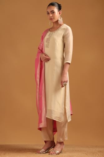 Soch Womens Beige Viscose Blend Floral Salwar Suit With Zari Embroidery and Cutdana