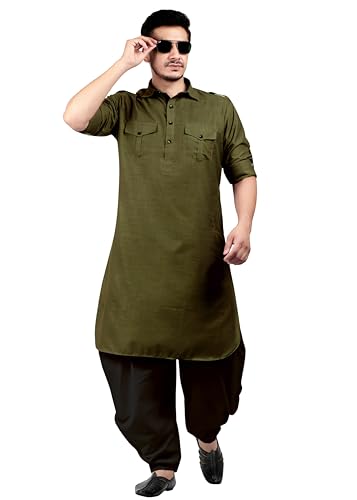 K-ROYALS White Dhoti Salwar Pathani Suit for Men's/New Cotton Blend Kurta Pyjama Set/Pathani Suit for haldi Mehdi and Party. (Olive Black, Medium)