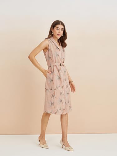 Latin Quarters Women's Beige Collar Neck Sleeveless Printed Casual Shirt Dress_S