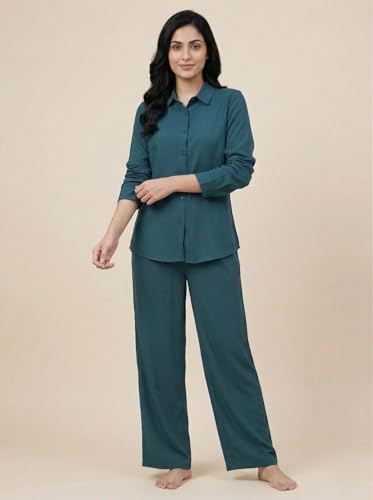 Zivame Mock Linen Woven Loungewear Set,Green