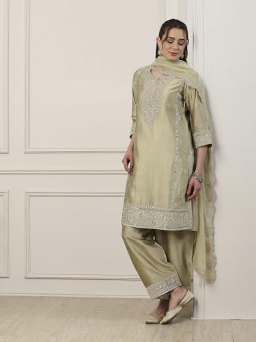 BIBA Women Green Poly Viscose Straight Suit Set_34