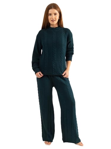Kvetoo Woolen High Neck Sweater with Pajama Tracksuit for Women Winter Wear Co-ord Set Teal Size L