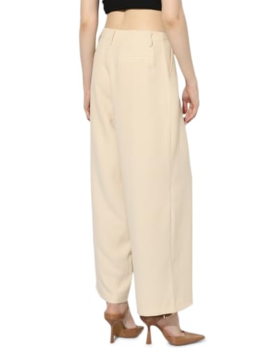 ONLY Women's Solid Regular Fit High-Rise Beige Pants
