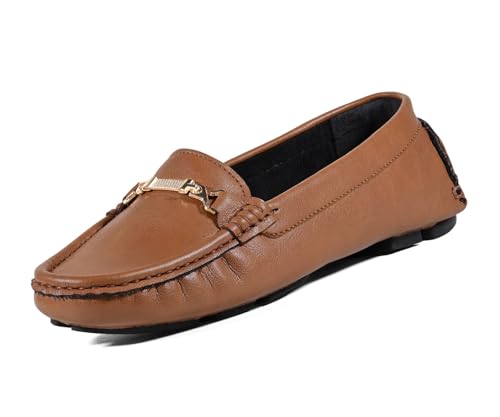 LOUIS STITCH Women’s Tan Premium Slip-On Loafers with Buckle | Elegant Solid Slip-On Comfort Shoes for Casual and Formal Wear | Slip-On Loafer Shoes for Women | LSLD-BLR-HS04-TN | UK-5