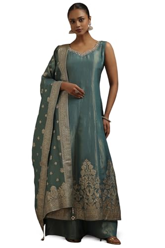 Soch Womens Teal Shimmer Zari Woven Suit Set With Stone Work