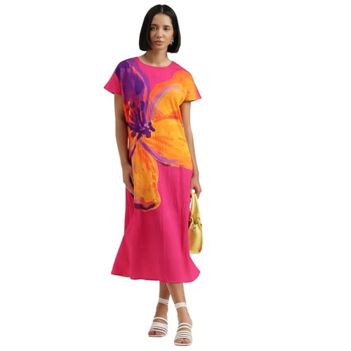 United Colors of Benetton Regular Fit Round Neck Floral Dress (Size : M) - 26P4WVNDR3X7I901 Pink