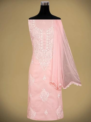 Ada Hand Embroidered Lucknowi Chikankari Unstitched Cotton Dress Material Suit Piece with Dupatta for Women 01A762929 Pastel Peach