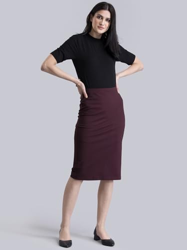 FableStreet Women's Viscose Rayon Elasticated Knitted Pencil Knee Length Skirt (Maroon) (32) (KNSK062MRON-32)