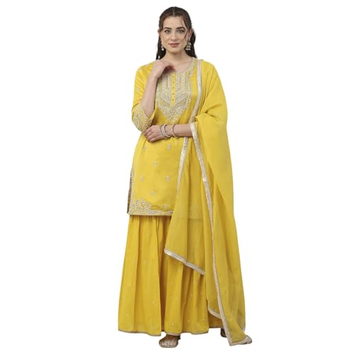 BIBA Women Yellow Silk Chanderi Straight Suit Set_34