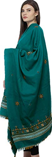 Exotic India Women's Shawl from Kutch with Central Embroidered Chakra and Mirrors Pure Wool Shawl (SWD54--alpine-green)