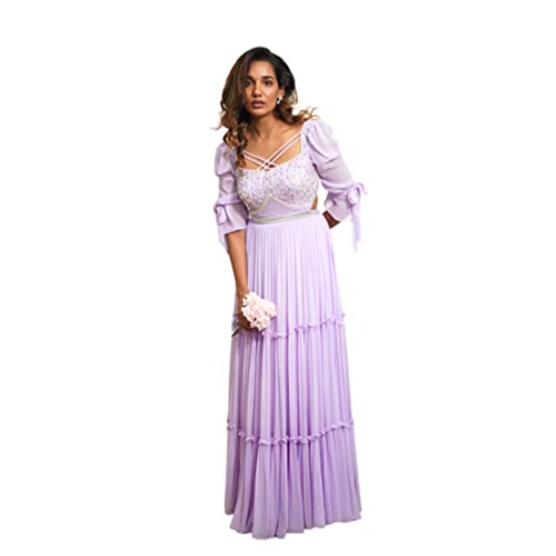 Avy's Label Premium Georgette Lilac Tiered Purple Long Frock with Maggam Work (Purple, 38)