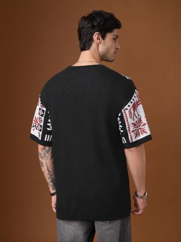 The Souled Store Nomad: Terracotta Men and Boys Short Sleeves Round Neck Black Tribal Graphic Casual Drop Shoulder Streetwear Trendy Oversized T-Shirt