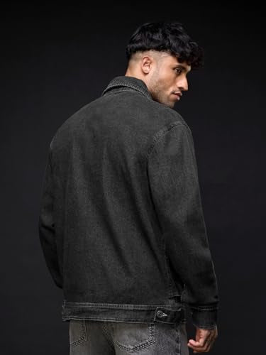 The Souled Store Denim Jacket: Midnight Men and Boys Full Sleeves Spread Collar Black Solid Cotton Spandex Regular Fit Lightweight Everyday Denim Jacket