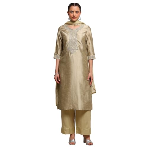 Biba Women Light Green Viscose Blend Straight Dyed Suit Set_42