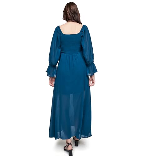 AND women's Polyester Fit Flare Long Length Dress (FW22AB017MXPG_TEAL_M)