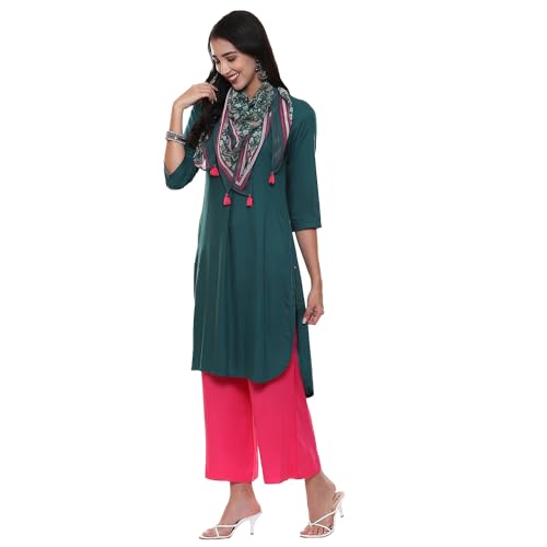 BIBA Women Solid Straight Rayon Suit Set (Green)