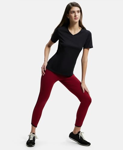 Jockey Women's Super Combed Cotton Elastane Stretch Leggings with Coin Pocket and Contrast Side Piping_Style_AW73_Rhubarb_L