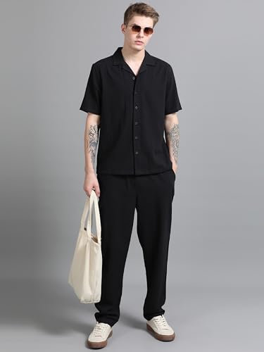StitchX Men’s Airport Look Textured Seersucker Resort Cotton Shirt & Trouser Co-Ord Set Midnight Black-XL