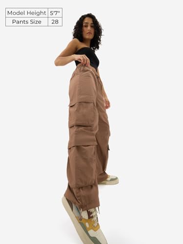 The Souled Store Brown Women & Girls Drawstring Toggle Leg Closure Solid Nylon Parachute Pants