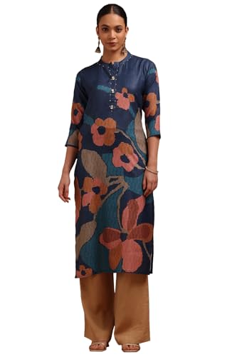 Soch Womens Navy Blue Linen Floral Print Kurta with Beads