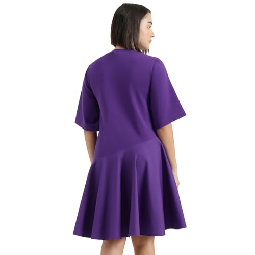 United Colors of Benetton Round Neck Solid Dress (Size : XS) - 26P3099W3823IV19 Purple