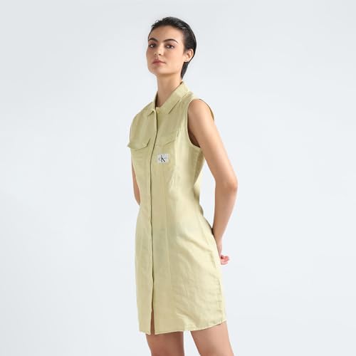 Calvin Klein Linen Green Solid Shirt Collar Sleeveless Women Shirt Dress (XS)