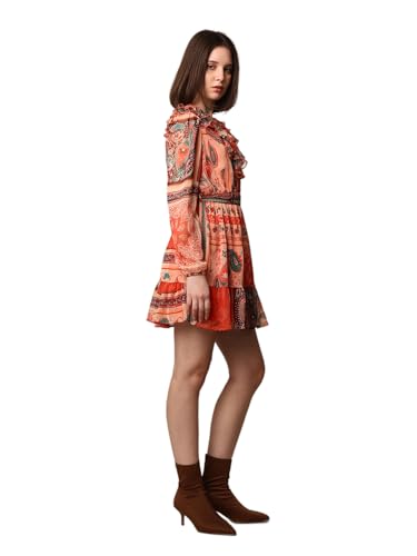 ONLY Women Paisley Printed Casual Orange Fit and Flare Dress