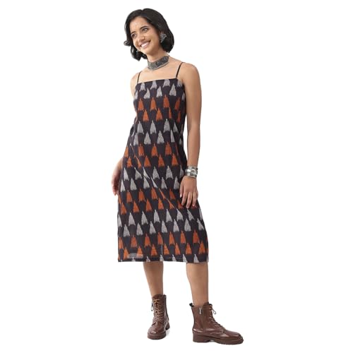 Biba Nxt Women Black Cotton Abstract Printed Strappy Midi Dress_32