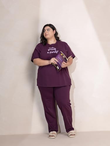 TITTLI Women Plus Size Pure Cotton Typography Printed Nightsuit Set | T-Shirt and Pyjama Nightwear | Soft Cotton Sleepwear with Pockets | Lounge Wear for Women | L to 8XL Wine