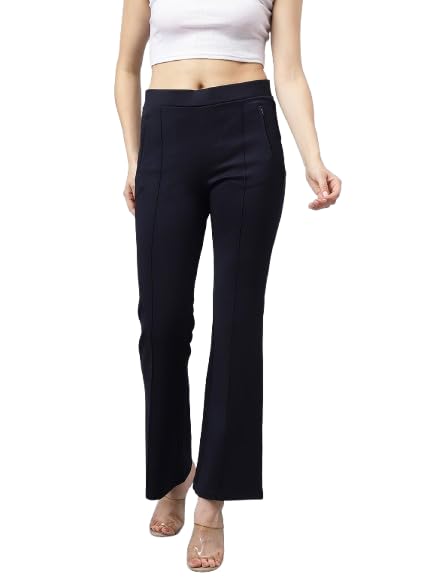 Latin Quarters Women Navy Blue Solid High Rise Stretch Trousers with Slip On Closure and Full Length for Casual Wear