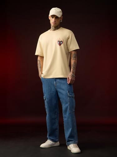 The Souled Store Deadpool: Cupid Men and Boys Short Sleeves Round Neck Beige Graphic Printed Casual Lightweight Drop Shoulder Streetwear Trendy Oversized T-Shirt