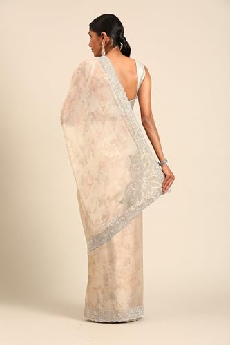 MOHEY Women's Cream Chinon Stone Work|Zari Saree (Cream)