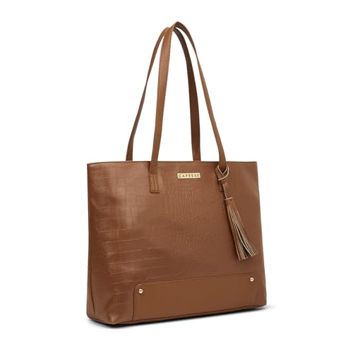 Caprese Sansa 16 Inch Laptop Large Tote Bag for Women | Stylish, Durable, Multi-Compartment Design for Work, Travel, Shopping | Comfortable Straps Shoulder and Handheld Bag for Daily Use (Tan)