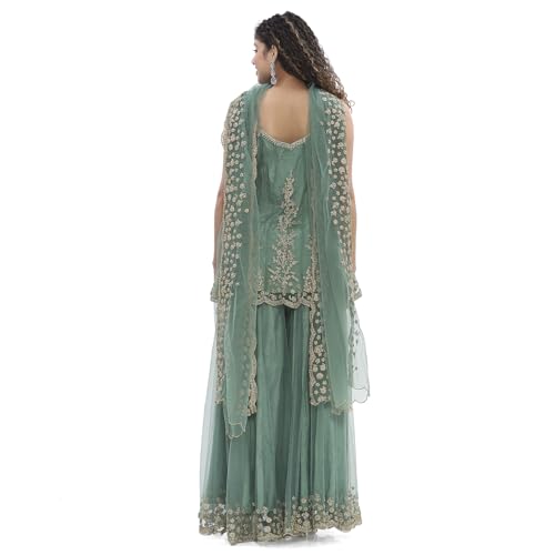 BIBA Women Green Net Embroidered Kalidar Suit Set_30