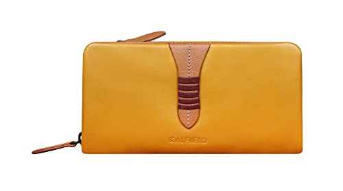 Calfnero Women's Genuine Leather Wallet-Long Purse Wallet with Multiple Card Slots, Zip Pocket with Note Compartments (Yellow)