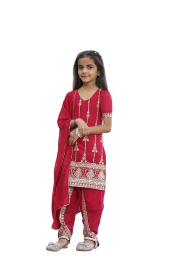 DIGILINE Girls Maroon Georgette Embriodered U Neck Short Sleeve Kurti Dhoti Pants Set With Dupatta | Traditional Stylish Straight Kurti Dhoti Pants Suits Set for Girls