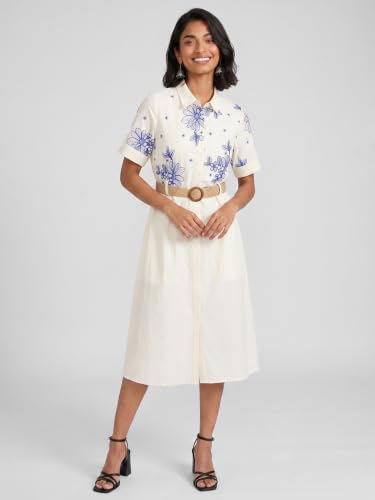 Max Women Embroidered Belted Midi Dress (White_L)