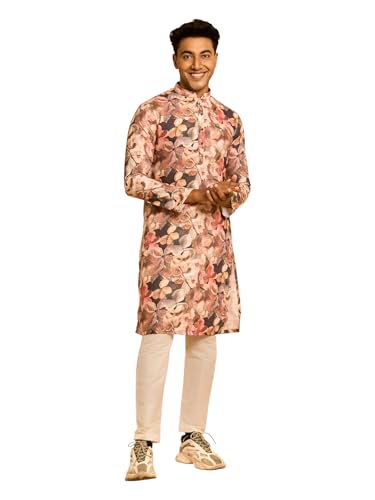 DIWAS BY MANYAVAR Men's Cotton Blend Abstract Floral Print Casual Kurta Set (Brown,M)