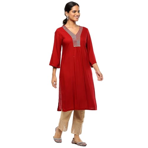BIBA Women's Red Rayon Straight Kurta_46