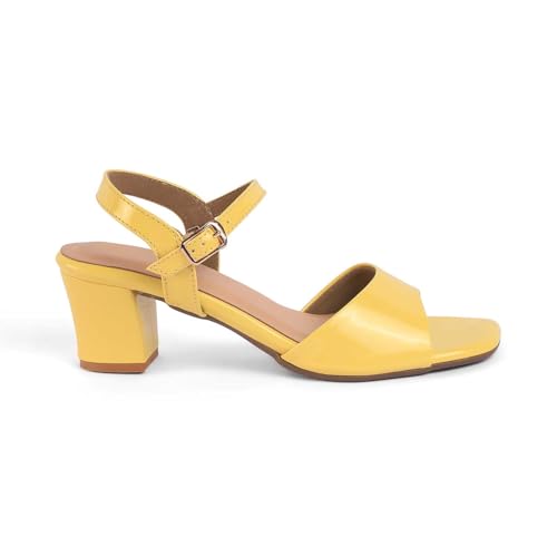 tresmode SOLOR Women's Block Heels Sandals Stylish Yellow, 6 UK / 39 EU - Square Toe Ladies Footwear Soft Comfortable Sandals