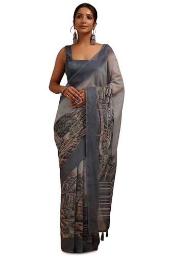Soch Womens Grey Chanderi Digital Print Saree