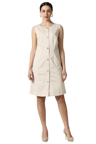 Women Beige Solid Knee Length Formal Dress