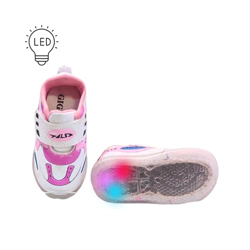 Gigahertz Light-Up Toddler Sneakers for Girls – Pink & White LED Shoes with Velcro Strap | Comfortable Non-Slip Kids Running Shoes (PINK, UK Footwear Size System, Toddler, Age Range, Medium, 6 Months, 9 Months)