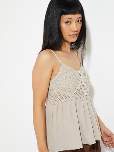 Max Alaya F x URB_N Women Crochet Knit Peplum Top (Beige_XS)