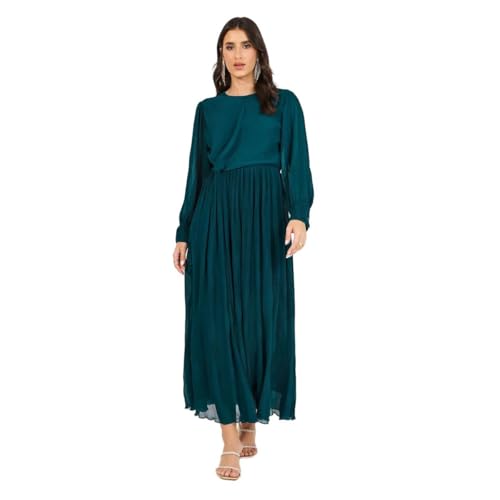 Styli Women Solid Round Neck Long Sleeves A-Line Maxi Dress | Navy Blue | Elegant & Flattering Fit | Perfect for Casual, Semi-Formal, and Formal Occasions | Zip Closure for Secure Fit