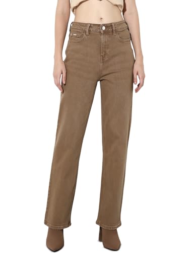 ONLY Women's Solid Straight Fit Mid-Rise Brown Jeans