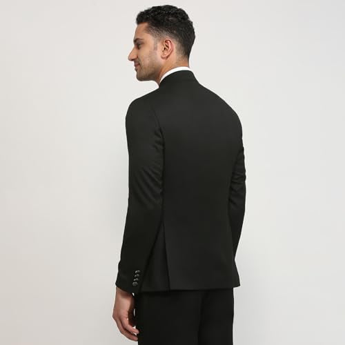 Raymond Men Regular Fit Solid Pattern Poly Viscose Elastane Blend Stand Collar Full Sleeve Ceremonial Jacket (Size: 44)-RIJI00123-K8 Black