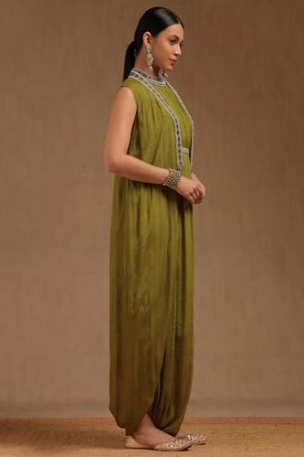 Soch Womens Light Green Chinon Botanical Print Dress with Beads and Stones